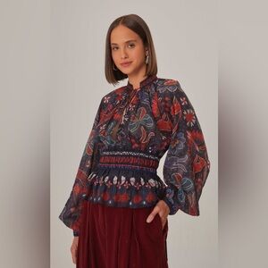 NWT Farm Rio Dark Blue Tropical Shine V Neck Blouse